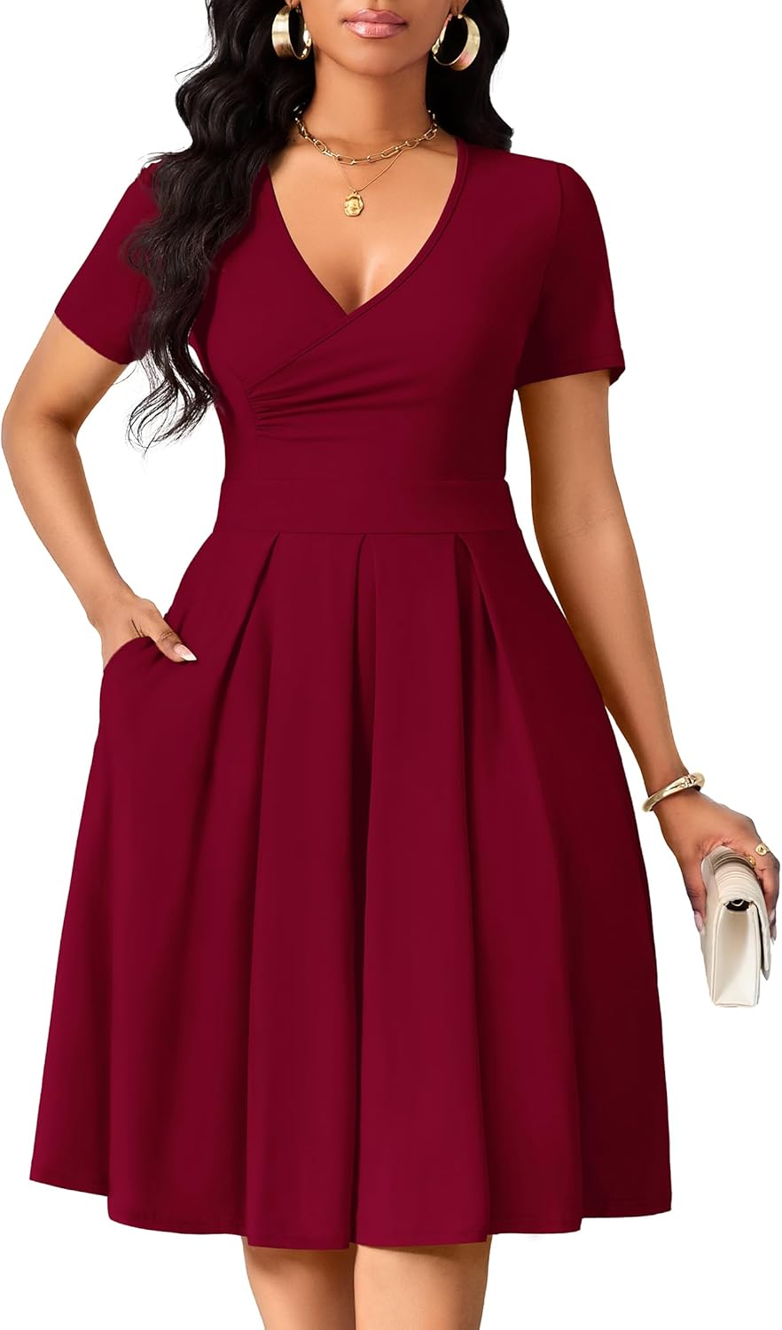Women's Casual Wrap Dress Wedding Guest Dresses with Pockets Short Sleeve A-Line Swing V-Neck Pleated Dresses