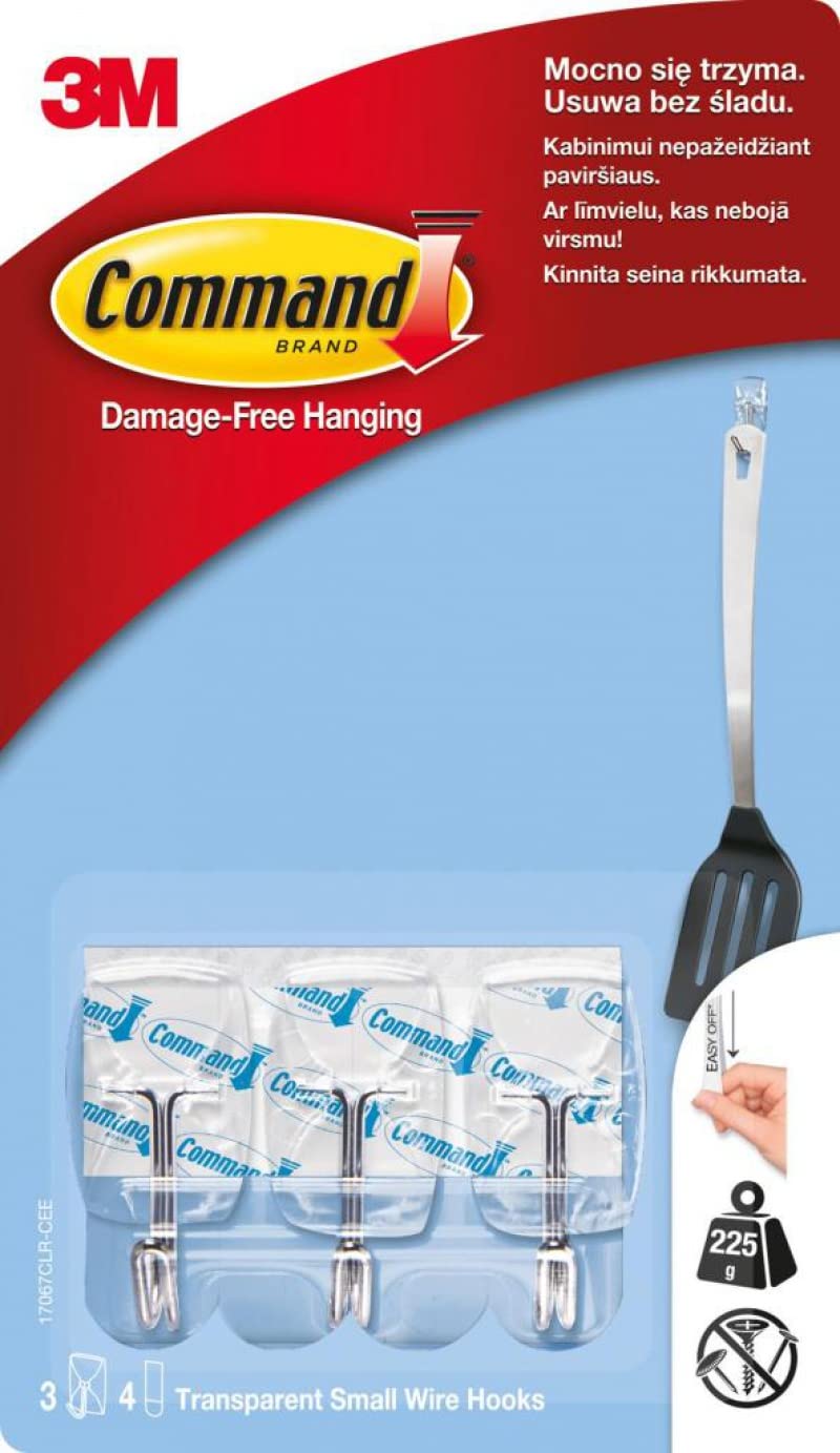 Command 3M Strong Adhesive Small Clear Wire Hooks with Clear Strips Hold 225g, Pack of 3