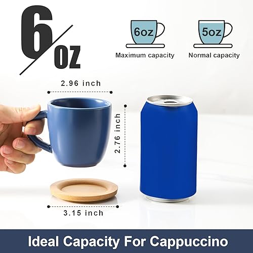 Miniatura 4 de Hasense Juego de 6 tazas y platillos de expreso, tazas Demitasse con asa para bebidas de café, café con leche, capuchino, café moca y té, tazas de