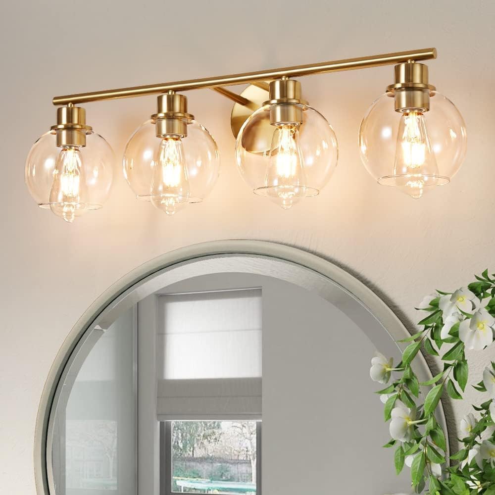 Bathroom Light Fixtures Over Mirror 4-Lights Bathroom Vanity Light with Clear Glass Shade 29.5 inch Modern Wall Sconce Gold Vanity Lighting for Bath Gold 4 light-clear glass shade