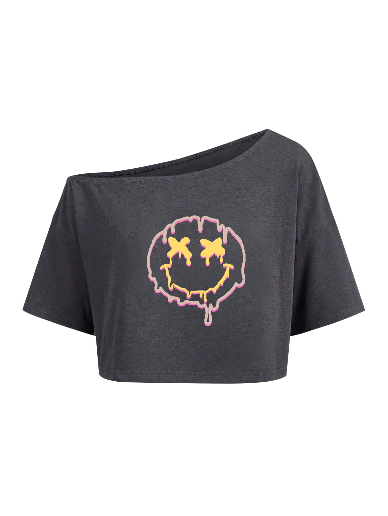 Remidoo Women's Off The Shoulder Graphic Crop Top Tee Half Sleeve Loose Fit T Shirt