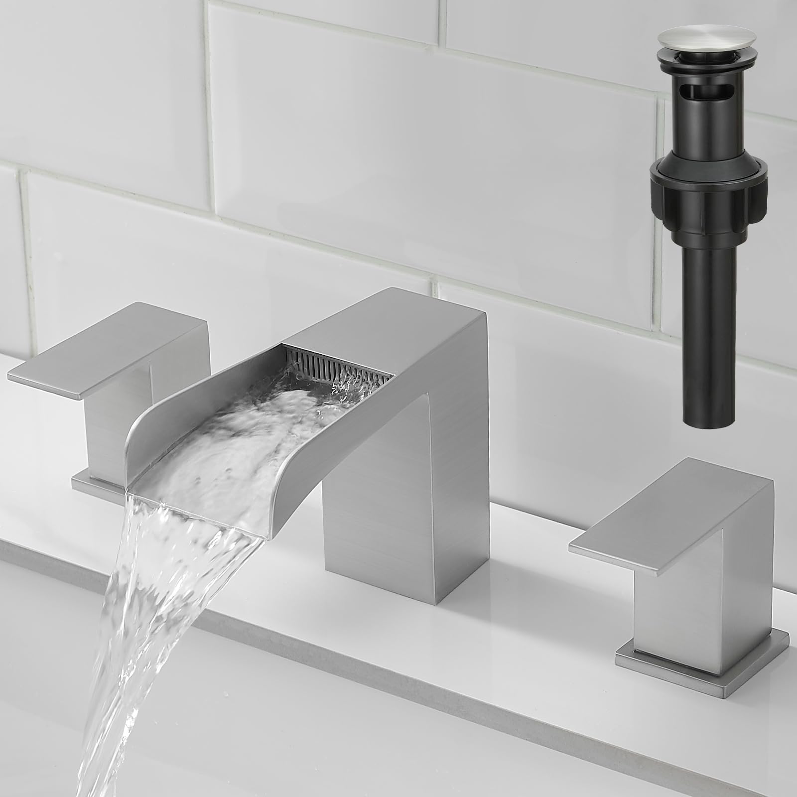Kroias Waschbeckenarmatur Mattschwarz - Wasserfall-Design, 2 Griffe, 3-Loch, Mit Pop-Up-Ablauf, Aus Edelstahl