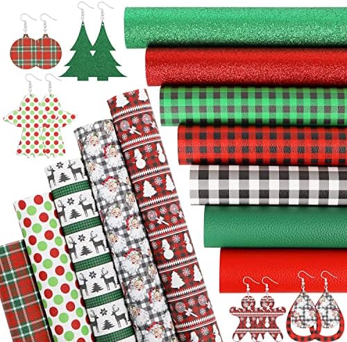 ZAIONE Christmas Faux Leather Sheets: 12pcs 21x30cm Mixed Red & Green & White Color Buffalo Plaid Colorful Dots Fine Glitter Elements Leatherette Assorted A4 Bundle for Bows Earrings Making DIY Crafts