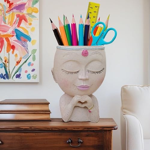 Miniatura 8 de Portalápices para escritorio, cabeza de resina, soporte para bolígrafo, organizador de escritorio, lindo recipiente para oficina, escuela, soporte