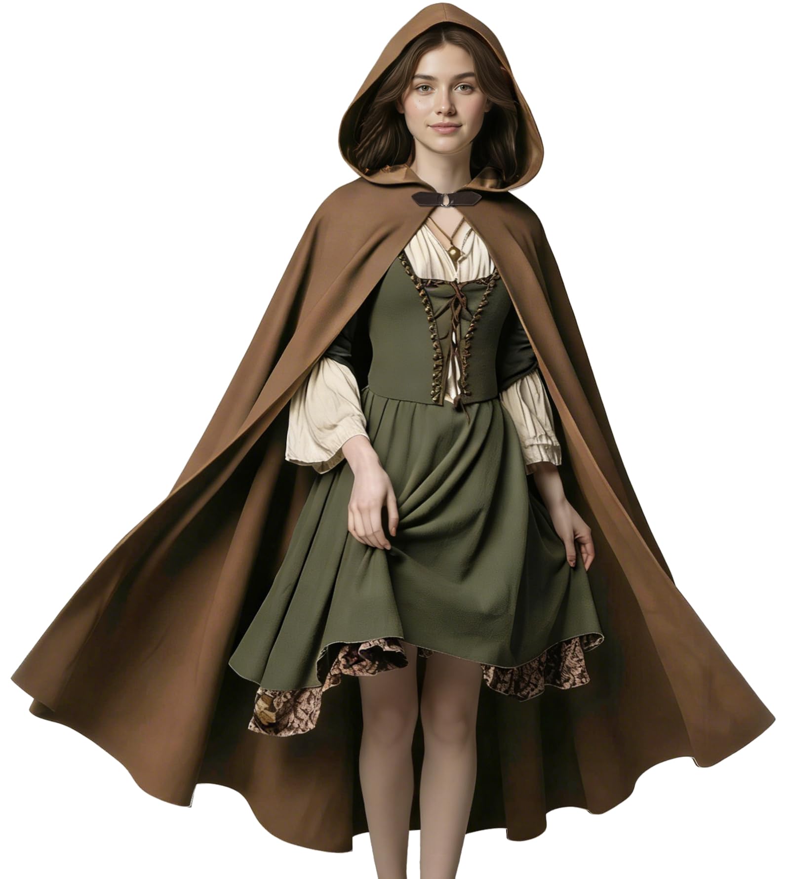 FSUJWOA Renaissance Hooded Cape Medieval Costumes with Hood Cloak Halloween Costume (Brown, Style-2)