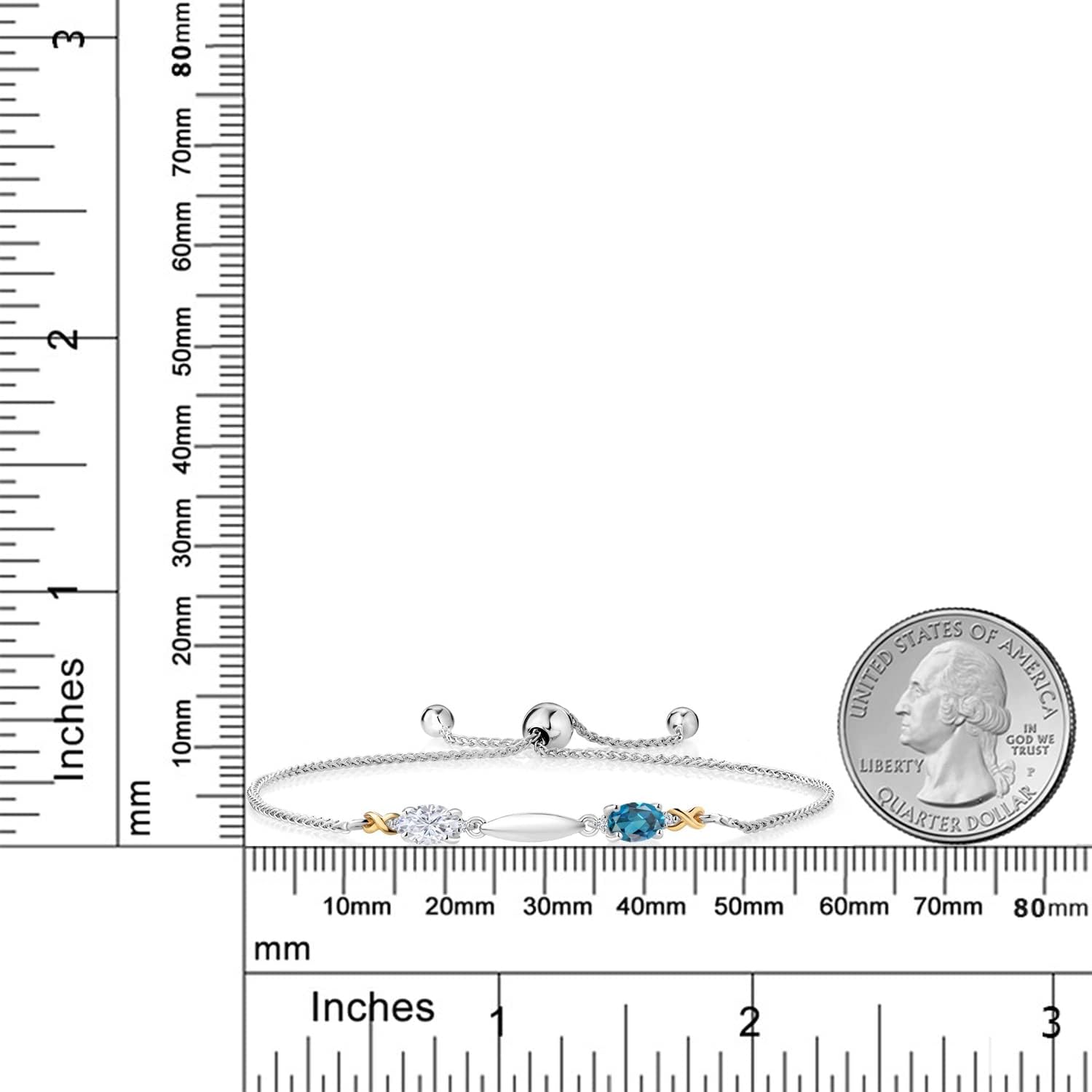 Customized Personalized Engraved 2-Stone Mother's Tennis Bracelet For Women | 925 Sterling Silver and 10K Yellow Gold | Gemstone Birthstone and Lab Grown Diamond | Adjustable Bolo Bracelet For Women - Image 5