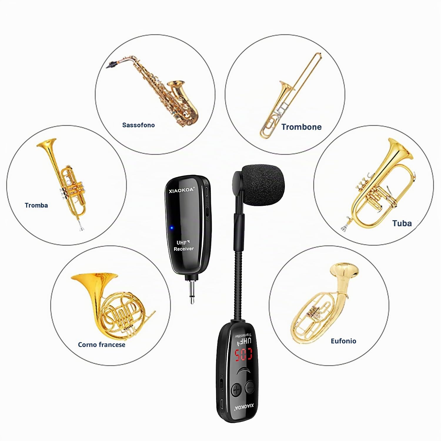 Microfono Senza Fili per Sassofono,UHF Wireless Microphone per Strumenti Musicali,Ricevitore e Trasmettitore Senza fili per Sassofono/Tromba/Trombone/Clarinetto