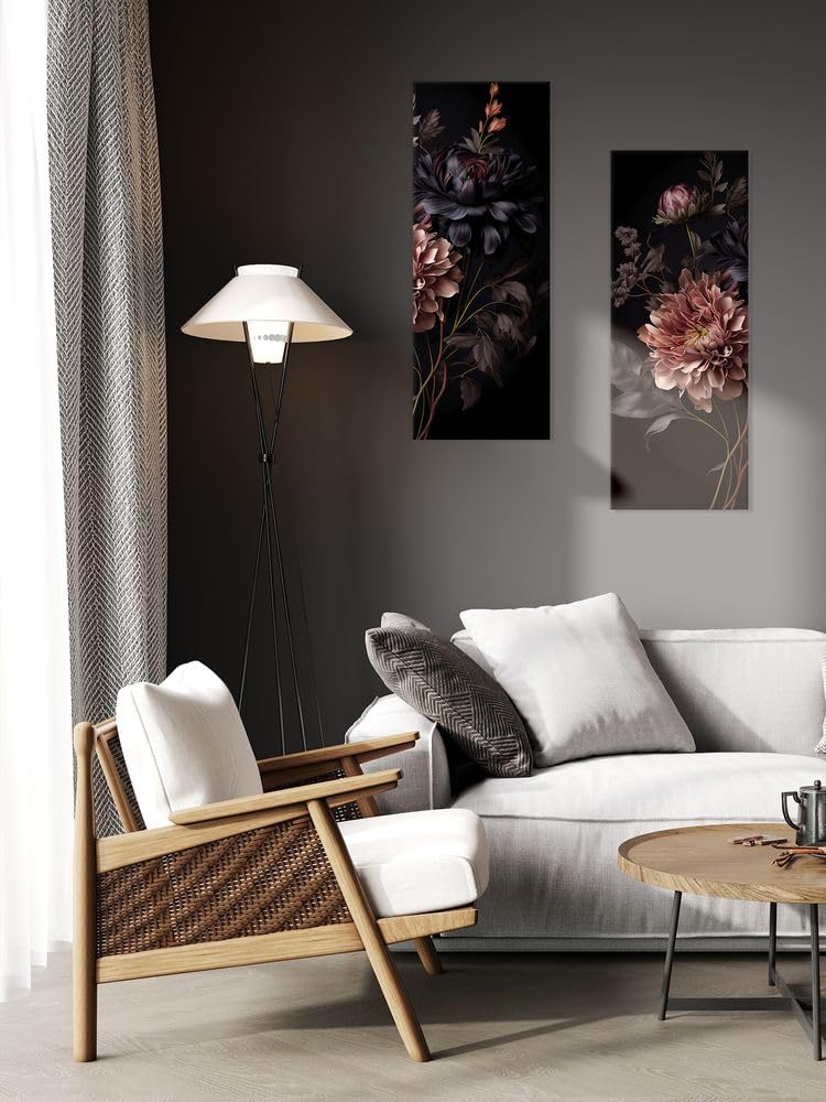 artissimo, Glasbild, 30x80cm, AG5463A, Vintage Flowers: Opulente Blüten II, Bild aus Glas, Wandbild Wonzimmer modern, schmal hoch, Blumen schwarz rosa