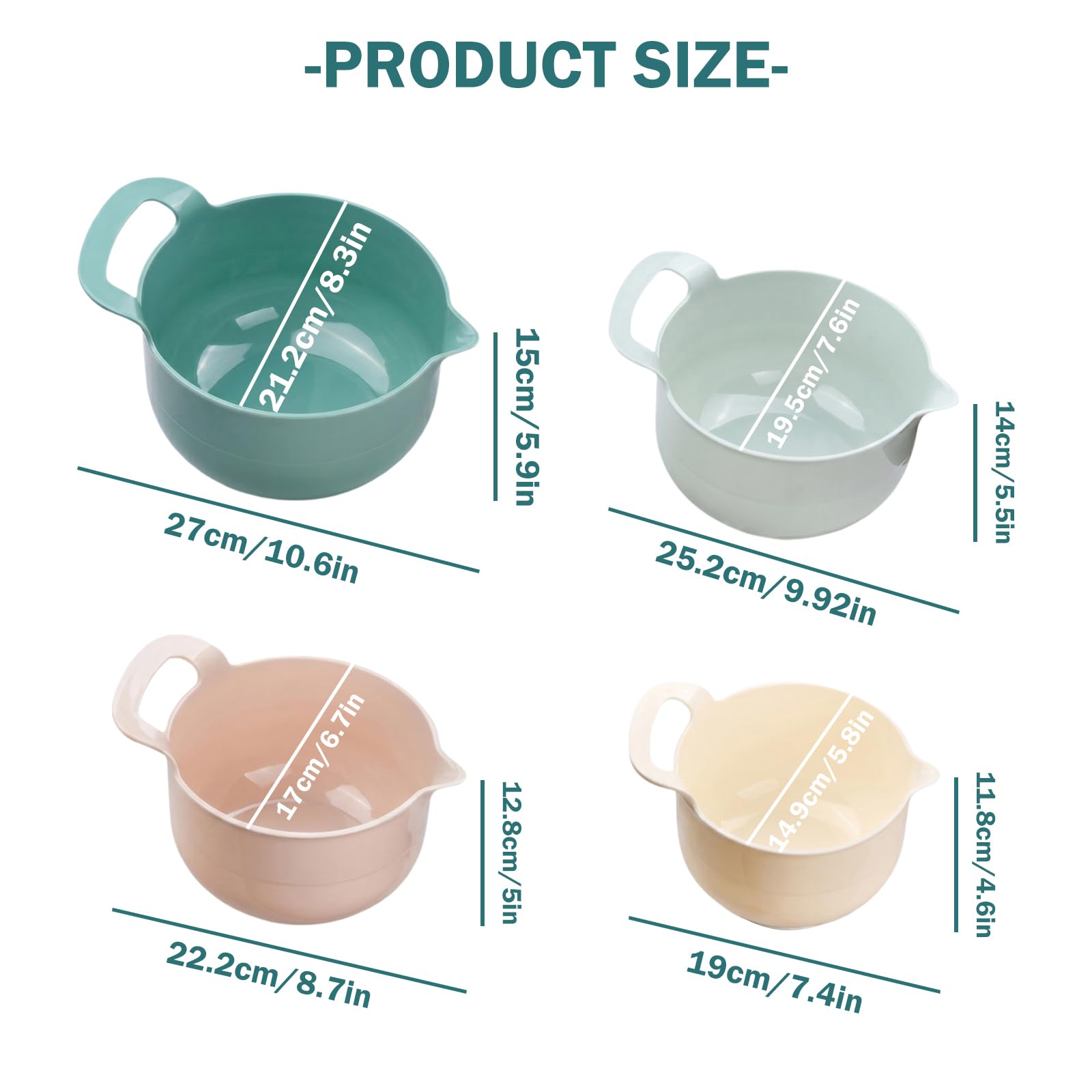 4 Set Ciotole in Plastica, Ciotole per Mescolare Ciotole Plastica, Ciotole Cucina con Beccuccio Fondo Antiscivolo e Manico Impilabili Lavabili in Lavastoviglie