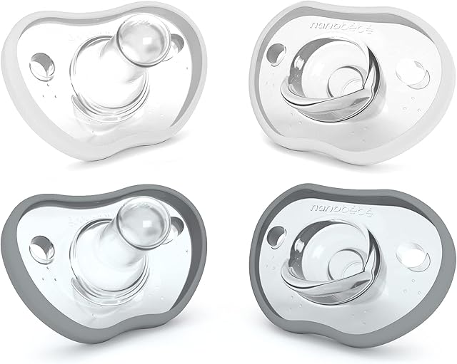 Nanobebe Baby Soothers 3+ Month - Orthodontic, Curves Comfortably with Face Contour, Award Winning for Breastfeeding Babies, 100% Silicone - BPA Free. Perfect Baby Gift 4pk, Grey and white