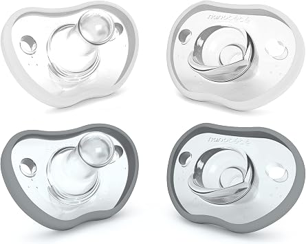 Nanobebe Baby Soothers 0-3 Month - Orthodontic, Curves Comfortably with Face Contour, Award Winning for Breastfeeding Babies, 100% Silicone - BPA Free. Perfect Baby Gift 4pk, Grey and White