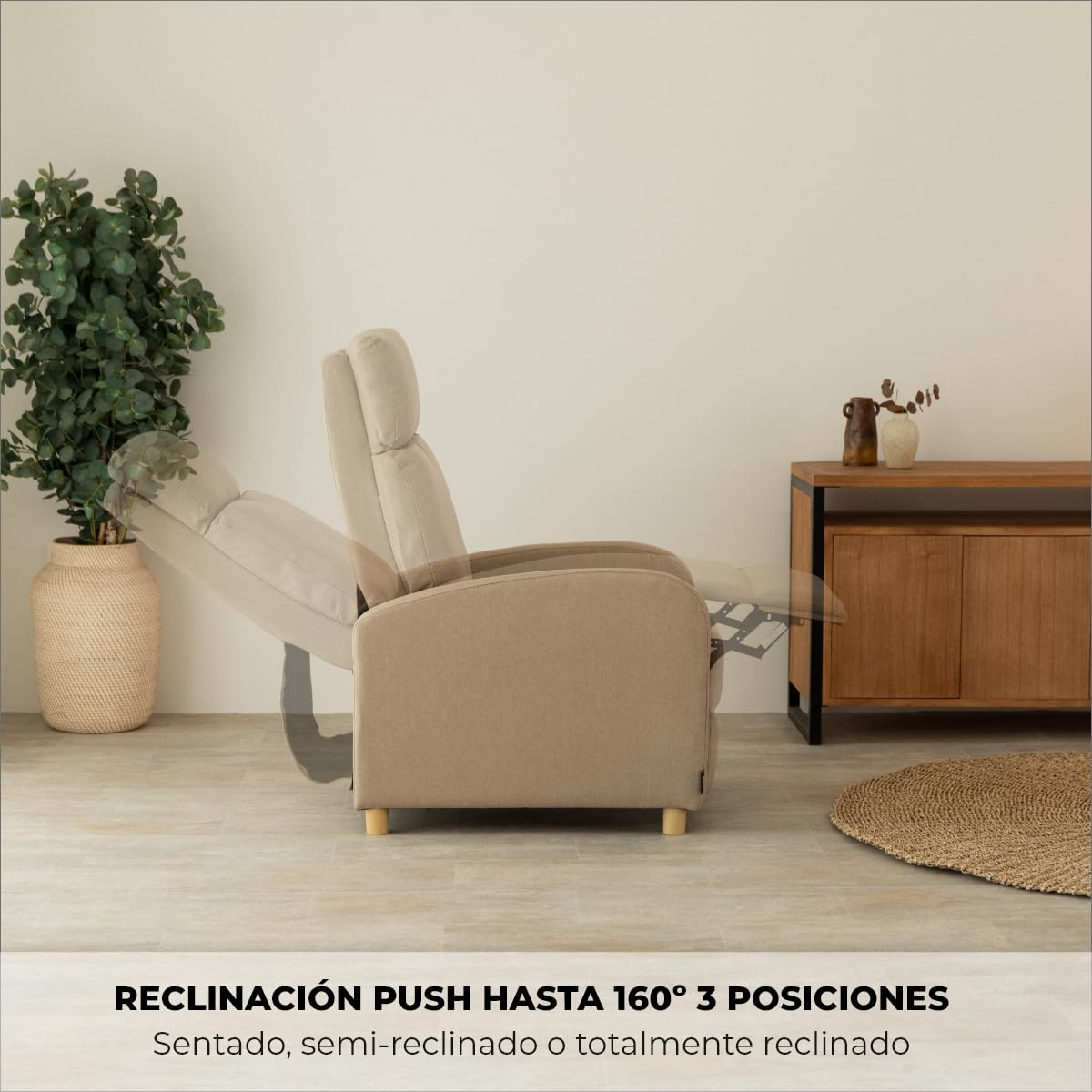 ZZ DON DESCANSO - Sillon Relax Reclinable Tela Verona (63x74x105cm). Sillón Reclinable Compacto con Reposapiés, Apertura Push, 2 Posiciones y Posición Cero, Butaca Reclinable hasta 160º (Arena)
