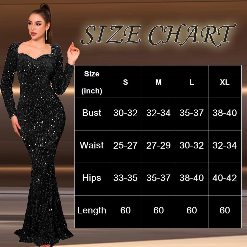 Sequin Formal Evening Party Dress Sweatheart Bodycon Long Sleeve Maxi Gown - Image 2