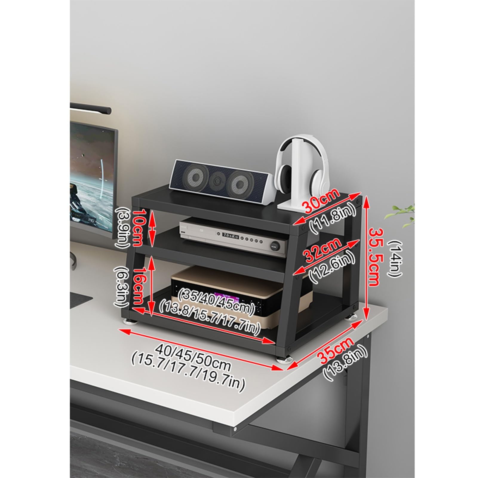Supporto per lettore multimediale AV a 3 livelli, multifunzionale, per casa, ufficio, amplificatore da scrivania, lettore DVD, supporto stereo con ripiani in legno e telaio in acciaio (A, 40 cm)