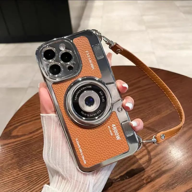 Image of LuxuryKase Retro Vintage Camera Style Case for iPhone 16 Pro Max | 3D Lens Design | Hand Strap | PU Leather Finish | Soft TPU Edge | Stylish Fashion Cover - Brown