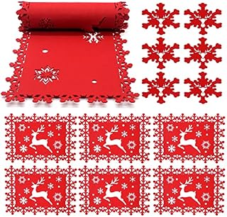 Christmas Table Decoration, 1PC Christmas Table Runners +6PCS Christmas Table Placemats and Coasters Set for Christmas Holiday Table Home Party Decoration