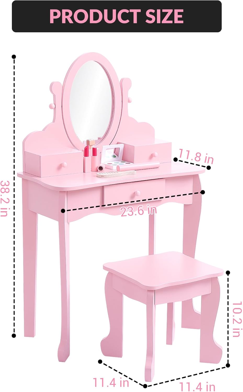 Kids Vanity Set with Mirror & Drawers, Princess Makeup Dressing Table and Stool Playset for Girls Ages 4-9, Wooden Pretend Play Set for Creative Dress-Up Fun, Birthday Gifts, and Room Decor
