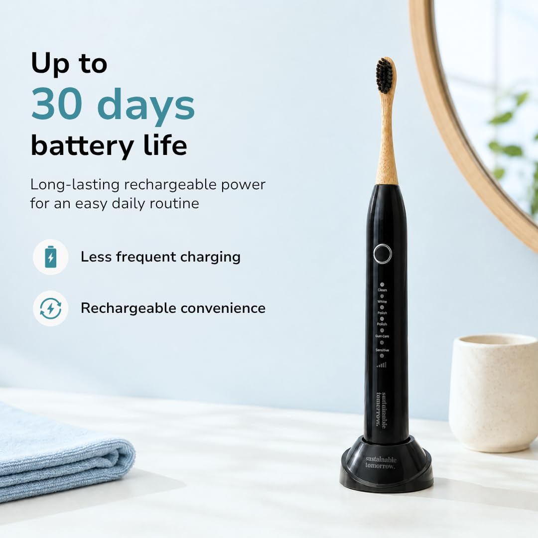 Sustainable Tomorrow Zen Bamboo Spazzolino da denti elettrico per adulti, modello wireless onice, ricaricabile con setole morbide a base vegetale, teste in bambù, 5 modalità e batteria a lunga durata
