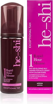 He-Shi Rapid 1 Hour Mousse Self Tan - Medium, 150ml | Express 1-hour fast-acting fake tan. Odourless and quick-dry vegan mousse tan for body & face.