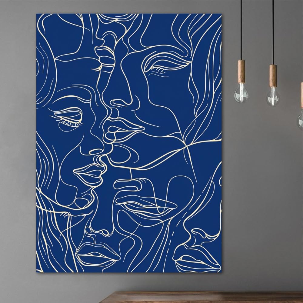SPXLUCAU Abstract Human Faces Canvas Wall Art - Blue & White Line Art Print, for Living Room(40x50cm/No frame)