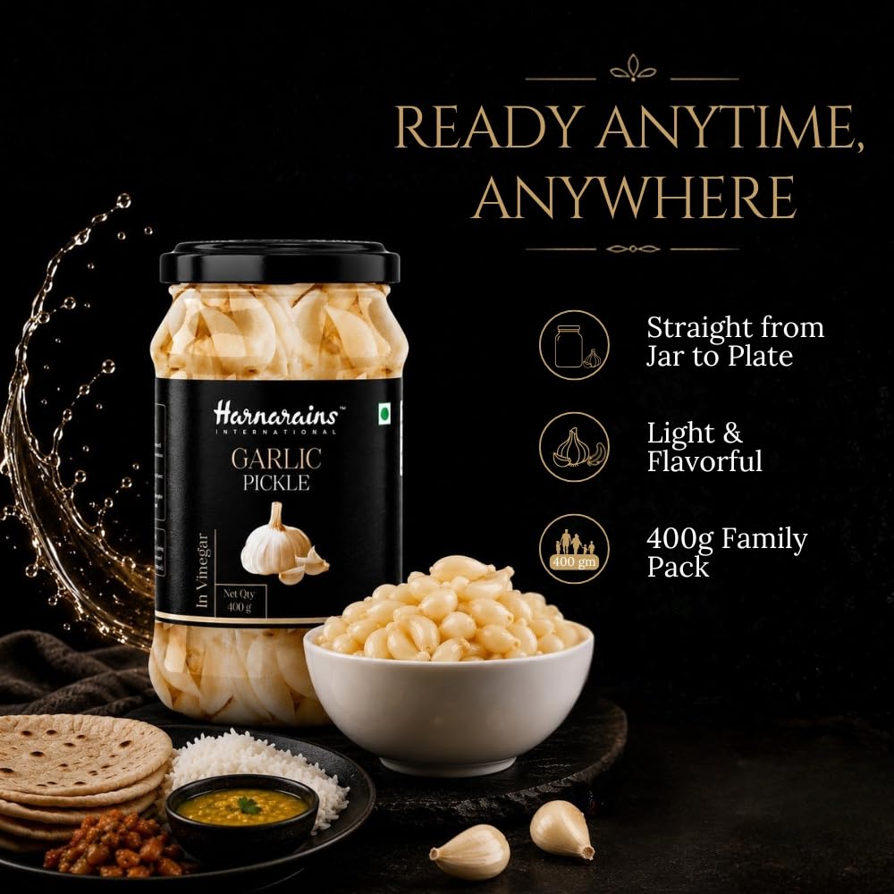 Harnarains Garlic Pickle in Vinegar (Sirka Wala Lahsun) – Oil-Free, Peeled Garlic Cloves in Brine | 400g | Preservatives 3