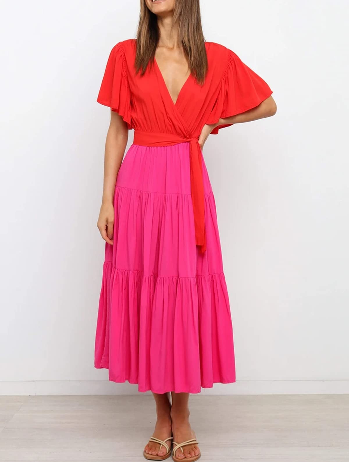 R.Vivimos Summer Dress for Women Cotton Ruffle Short Sleeves V Neck Casual Flowy Midi Dress with Belt