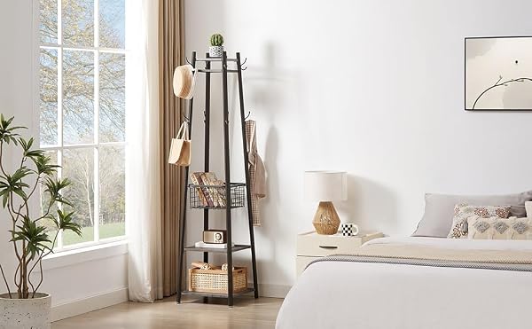 VECELO Industrial Coat Rack,Enterway Clothes Stand with 2 Tier Storage Shelves and Metal Basket,Upgrade Hall Trees with 8 Dual Hooks,Antique Brown by VECELO - Image 5