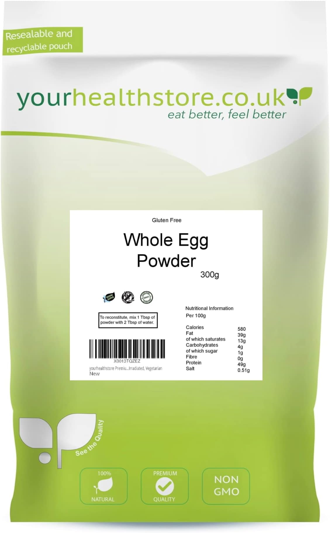 Premium Whole Egg Powder 300g, Free Range, Perfect for Scrambled Eggs, No Additives, Not Irradiated, Vegetarian, Non GMO Gluten Free, 100% Pure.