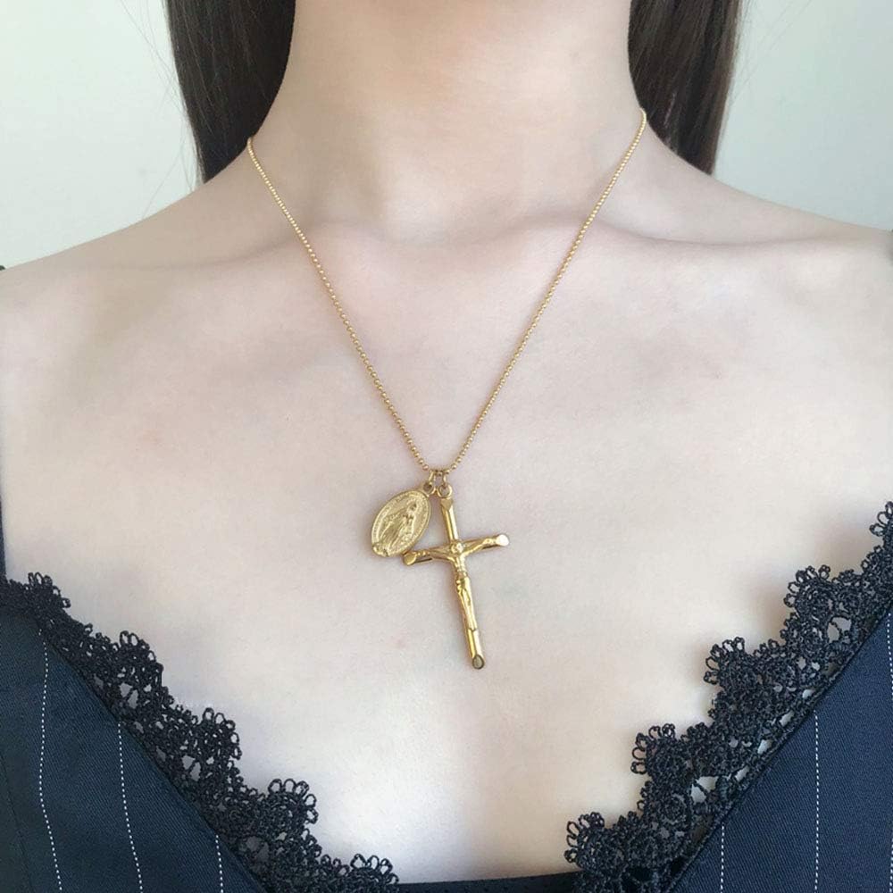 NewZenro Crucifix Cross Christ on INRI Baptism Christian Catholic Virgin Mary Pendant Necklace for Women Dainty Stainless Steel 18K Gold Plated Chain Jewelry - Image 5