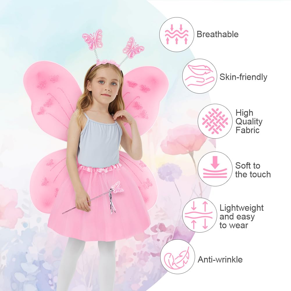 AYBUY Fairy Wings Kids Costume, Butterfly Wings, Mesh Tutu, Magic Wand & Headband, Pink Princess Skirt Set - Image 4