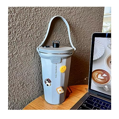 ストロー付きタンブラー ふた付き 大容量 ストロー 水筒 真空断熱 タンブラー おしゃれ ステンレス 携帯 コーヒー カップ 600ml 便携軽量 タンブラー 真空断熱 ふた付き ステンレス 保温保冷 (グラデーショングレー+ロープ +犬ステッカー)