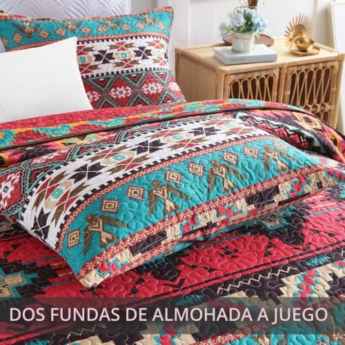 Miniatura 6 de Qucover Colcha Bouti Pique, Colchas Acolchado Para Cama 150 O Cama 135, Manta Funda 220x240cm, Sobrecama Ropa De Cama 3 Piezas Cubierta Cama Reversible, Colchas Indias Rojo Apasionado Patchwork