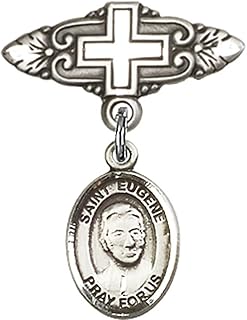 Sterling Silver Baby Badge with St. Eugene de Mazenod Charm and Badge Pin with Cross 1 X 3/4 inches