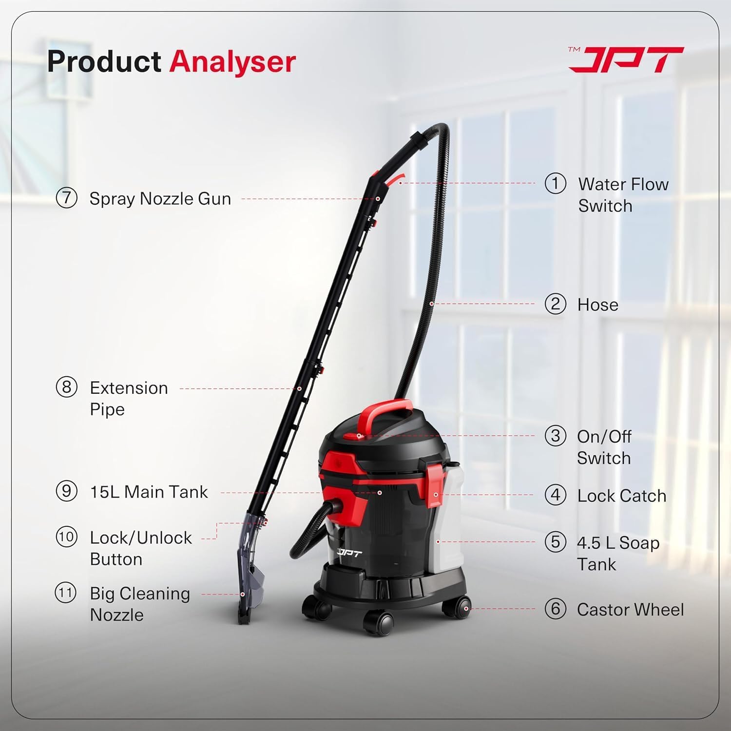 JPT Pro Series 15L Carpet Vacuum Cleaner | 1400W Motor | 17kPa Suction | 15L Tank & 4.5L Soap Tank | Wet & Dry Cleaning | Deep Cleans Carpet, Sofa, Curtains, Mattress, Floors