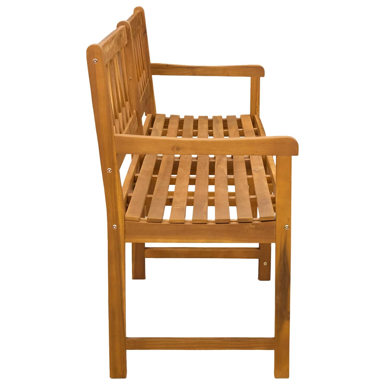Banco de jardín rústico de madera maciza de acacia barnizada, 180 x 55,5 x 90 cm, con reposabrazos, grano de madera natural, banco para exteriores, fácil de limpiar