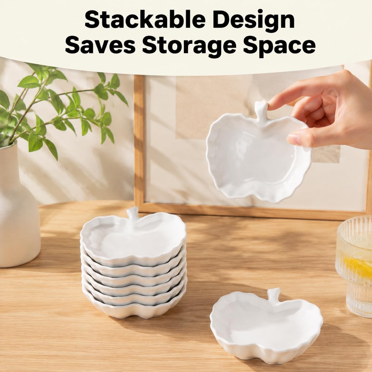 6 Pack Apple Shaped Ceramic Sauce Dish, 3.5 Inch, White