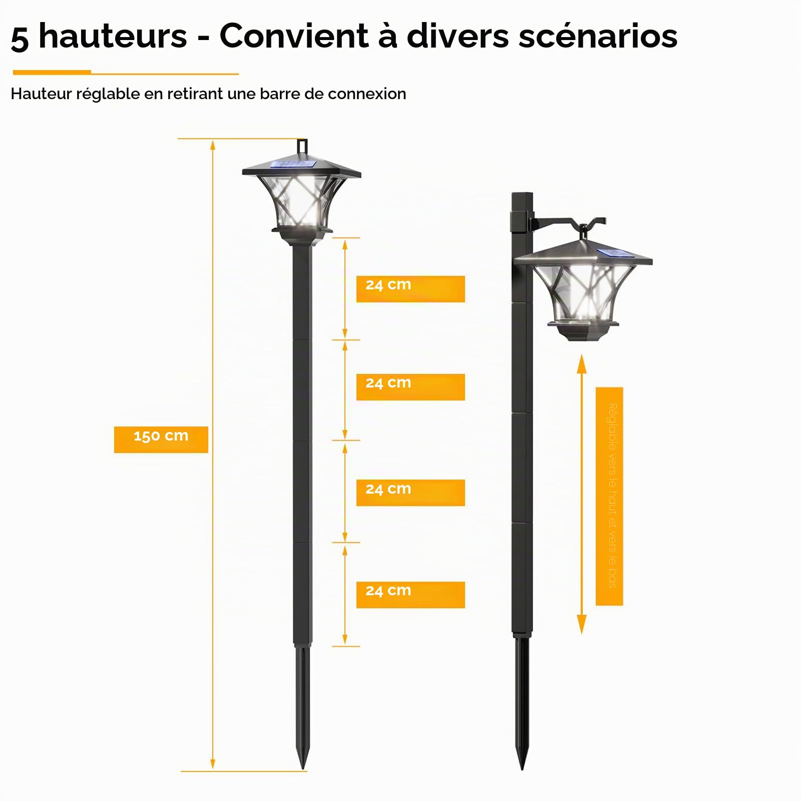 1 lampadaire solaire d'extérieur de 150 cm, poteau lumineux noir classique en aluminium, lampe solaire étanche pour allée, terrasse, jardin, pelouse, cour, allée