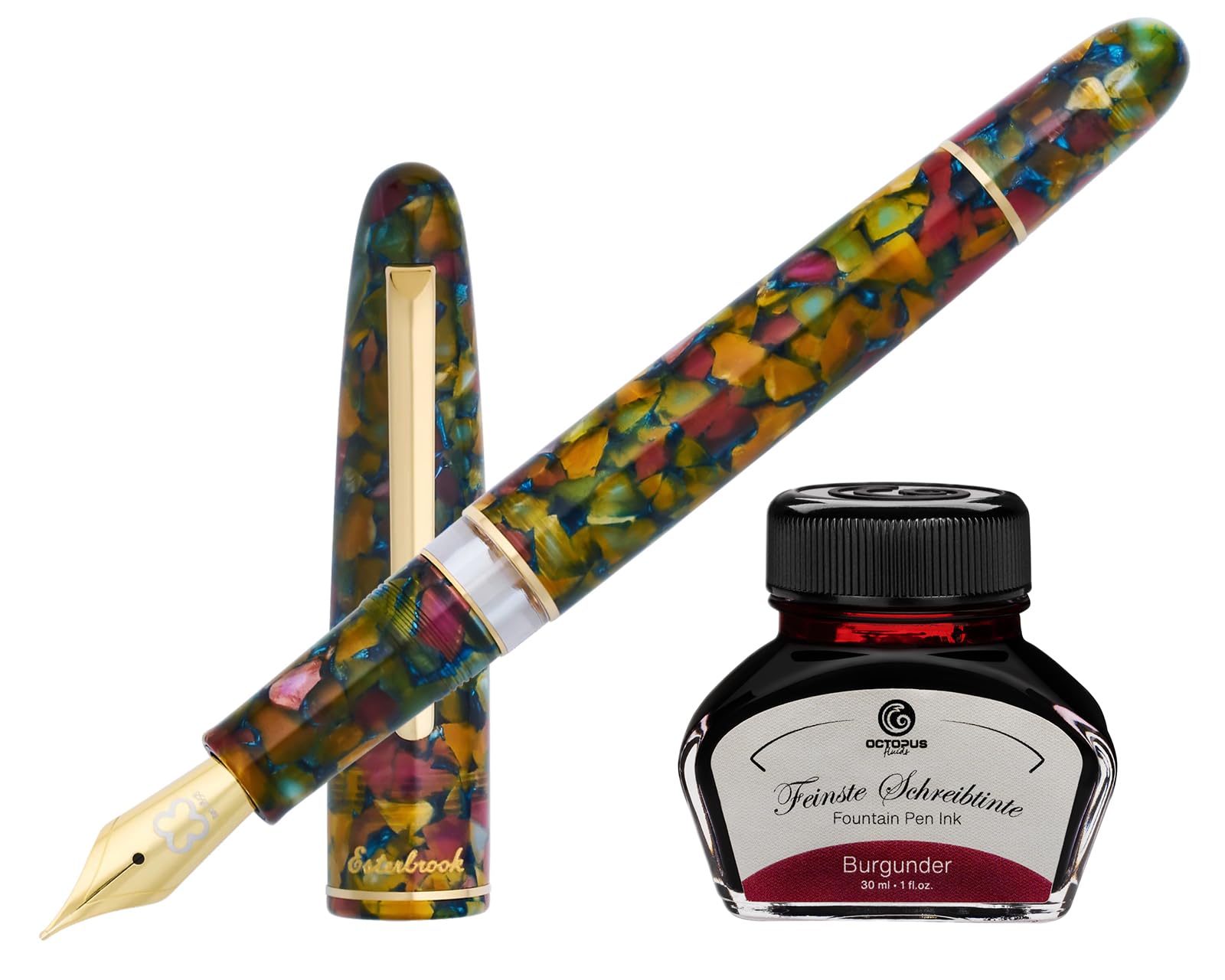 Stylo plume à piston Esterbrook Estie Botanical Garden avec bordure dorée et cartouche d'encre de 30 ml, couleur bordeaux