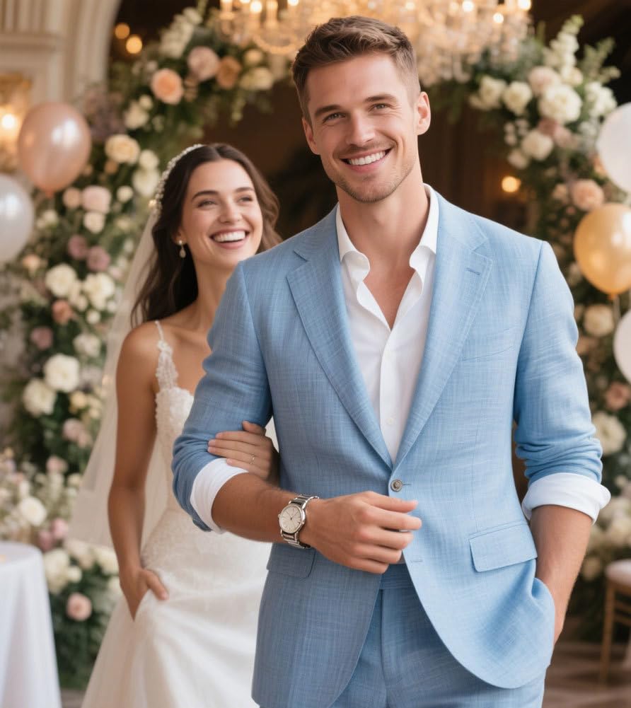 Completo da uomo in lino da 2 pezzi, leggero, blazer e pantaloni, set estivo da spiaggia per matrimoni