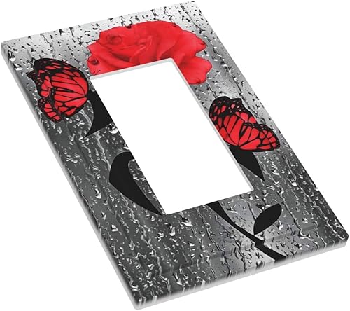 Miniatura 3 de Gotas de lluvia de mariposa de rosa roja de 1 cuadrilla, placa de pared GFCI decorativa individualinterruptor de luz basculante, cubierta de
