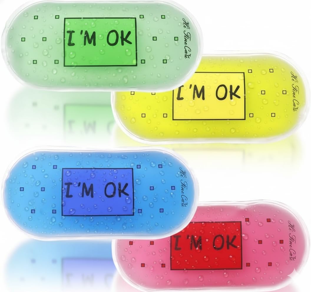 Kids Cold Pack, Small Reusable Ice Pack with Cute Design for Boo Boos, Injuries, First Aid Compress, Soft Gel Ice Pack for Lunchbox (I'am Ok- 4pcs)