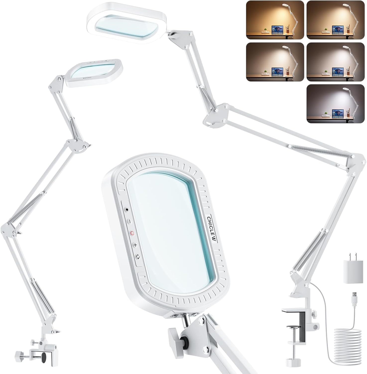 10X Rectangle Magnifying Glass with Light, 3 Arms 5 Color Modes Large Magnifying Glasses with Clamp, Lighted Desk Lamp Magnifier Hands Free for Crafts Jeweller Repair Painting Close Work Hobbies