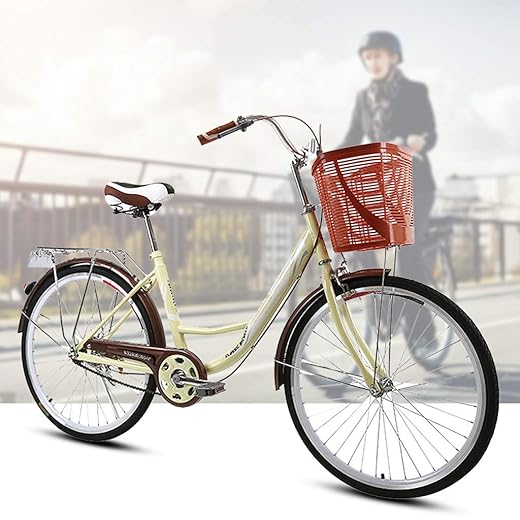 【US Spot】 Womens Beach Cruiser Bike-24 Inch Unisex Classic Iron Bicycle with Basket Retro Bicycle Unique Art Deco Scooter,Road Bike,Seaside Travel Bicycle,Single Speed, 24-inch Wheels