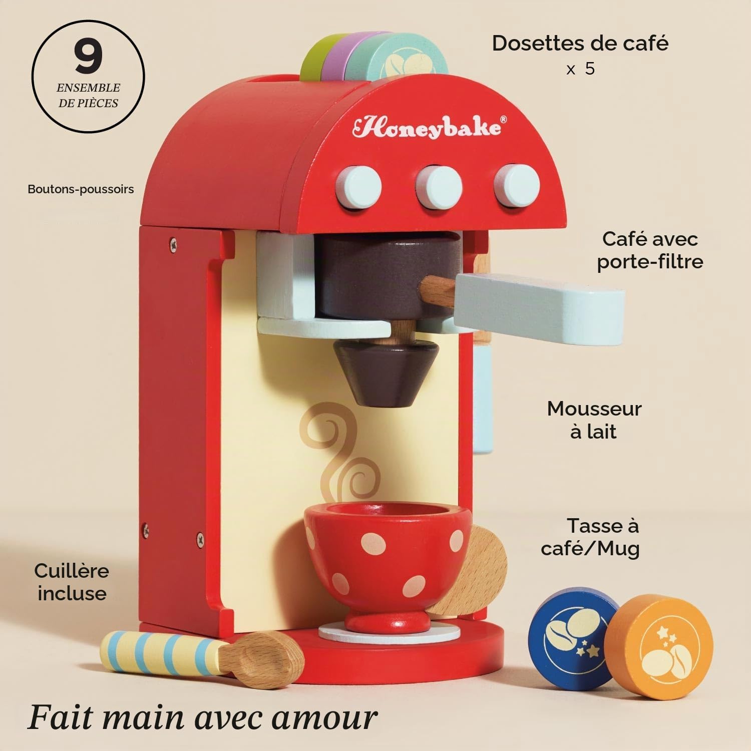 Le Toy Van FSC-Holzspielzeug-Kaffeemaschine, Lernspiel, 3 Jahre, inklusive 5 Pads, 1 Tasse, 1 Löffel, mit einziehbarem Arm, realistisch, Montessori-Spiel