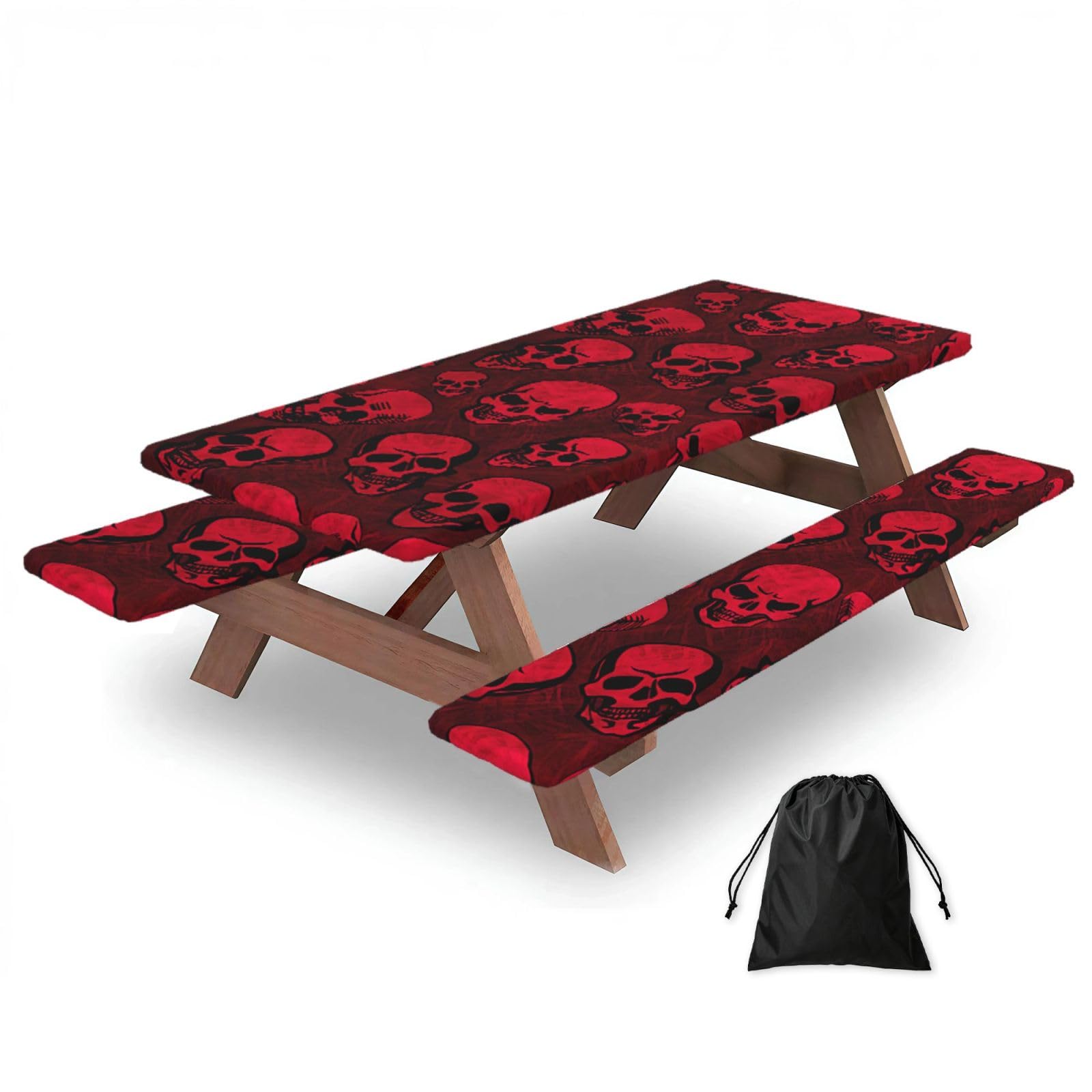 Yqxwjl Black Red Skulls Print Camping Essentials Waterproof Camping Table And Bench Cover With Drawstring Bag 183 Cm