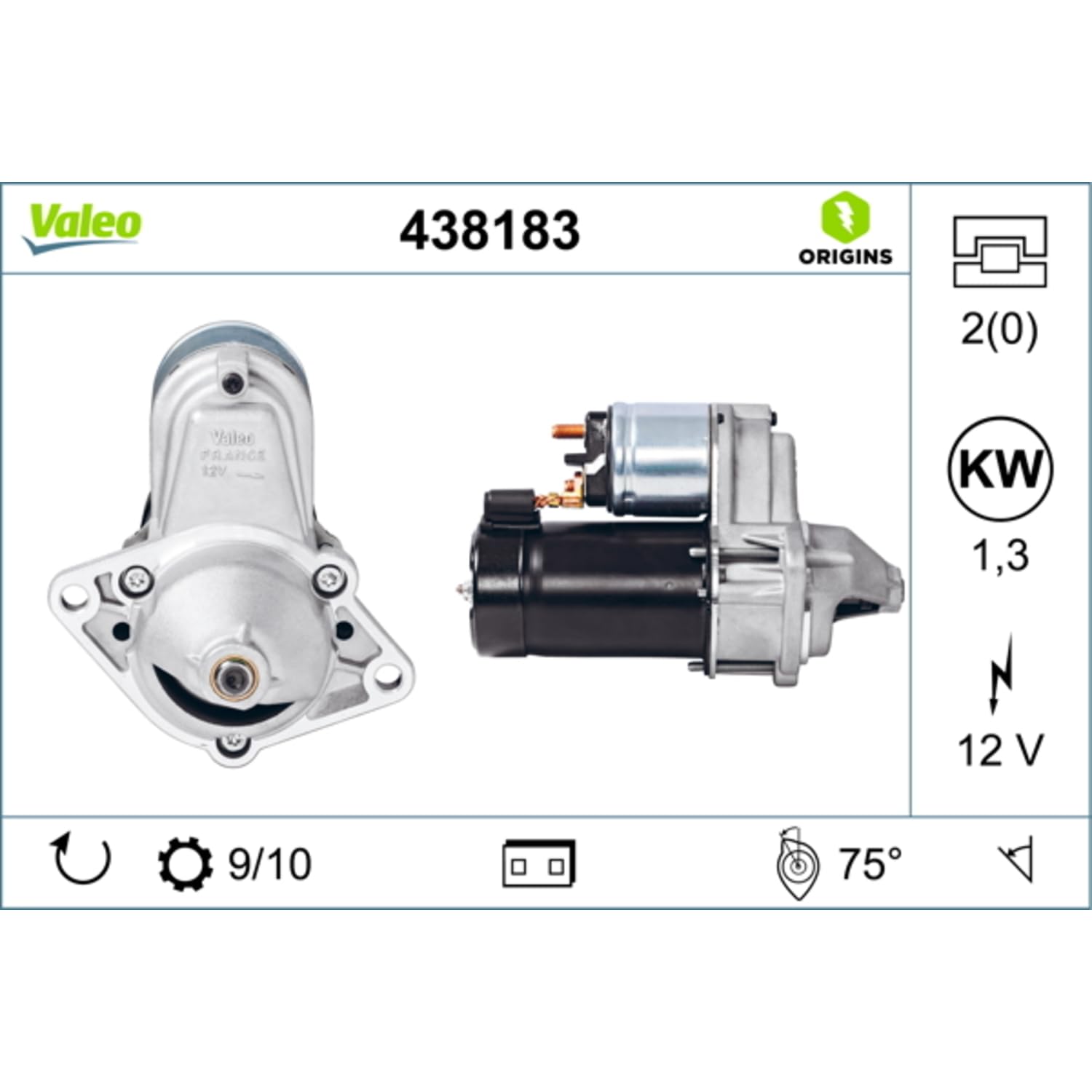 Valeo Démarreur 438183-1,3 kW - 9/10 Dents - 12 V
