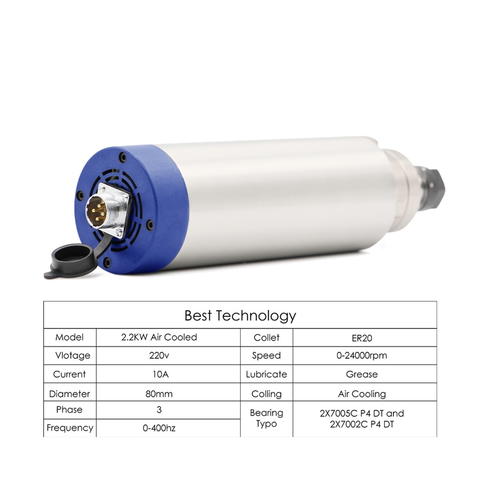 Silnik wrzeciona 380V 2.2KW CNC silnik wrzeciona chłodzonego powietrzem ER20 4 szt. Łożyska ceramiczne 400 Hz 80mm wrzeciono chłodzące powietrze do grawerowania frezowanie(380V,Ceramic Ball Bearing)