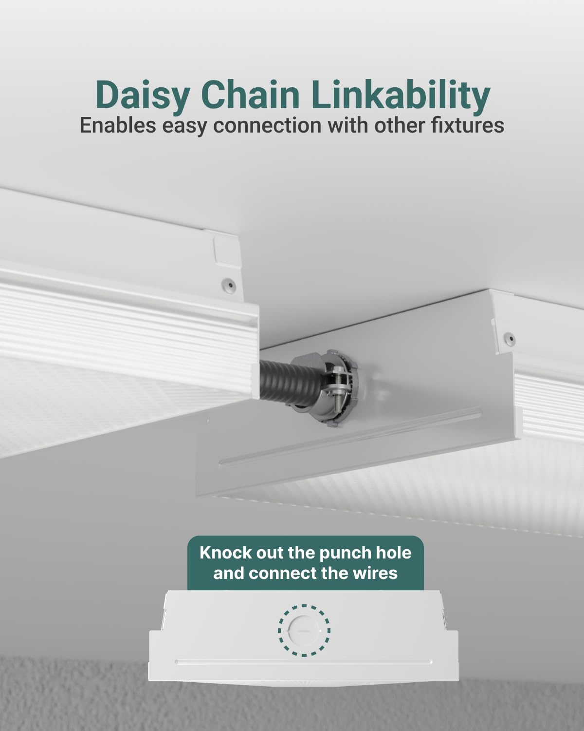 Image showing two LED shop lights connected via a linking cable for daisy-chaining, with a knockout punch hole visible for wiring.