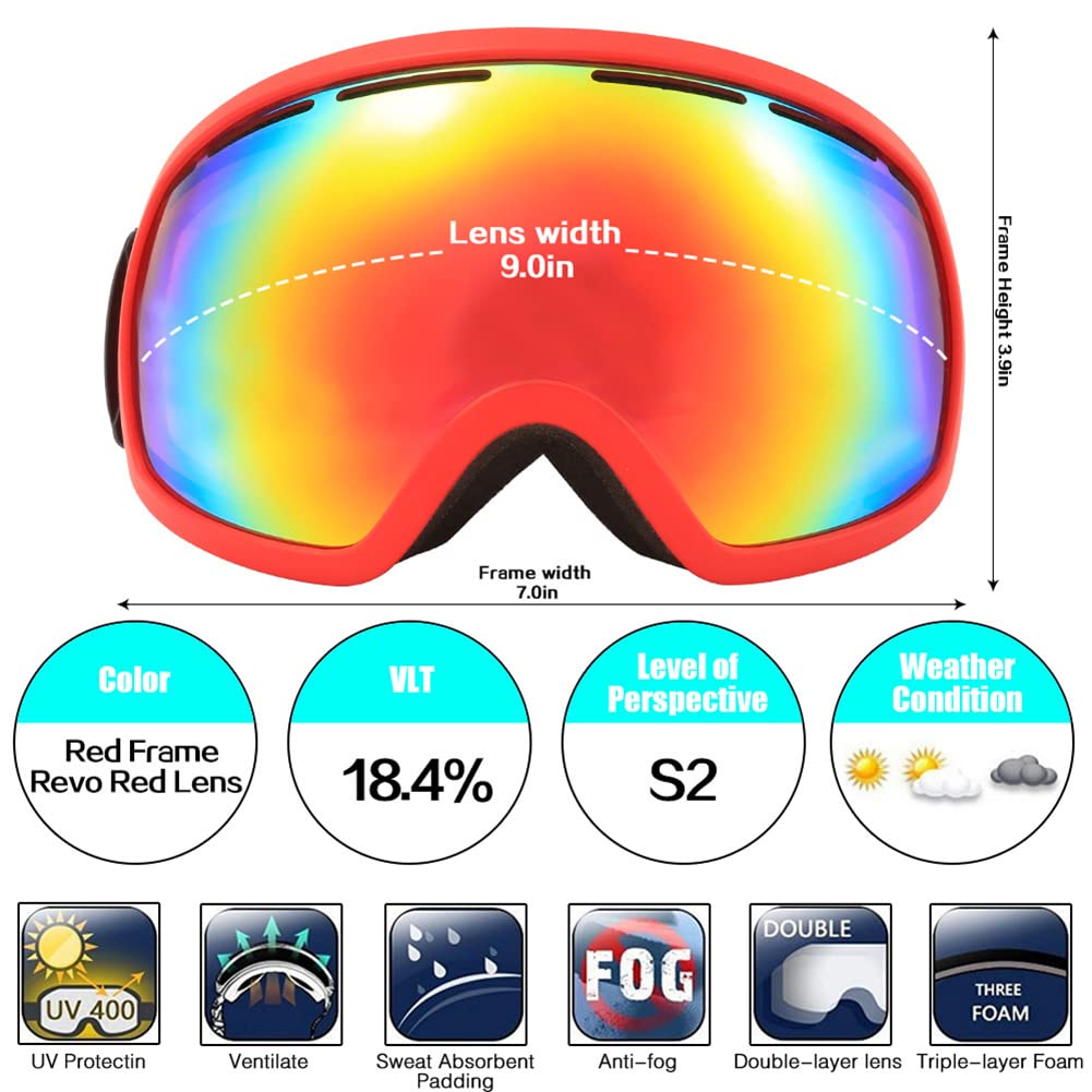 Occhiali da sci antiappannamento a doppio strato, occhiali da alpinismo con specchio sferico grande, occhiali da neve e vento per esterni, adatti per uomini, donne, adolescenti e bambini per sno