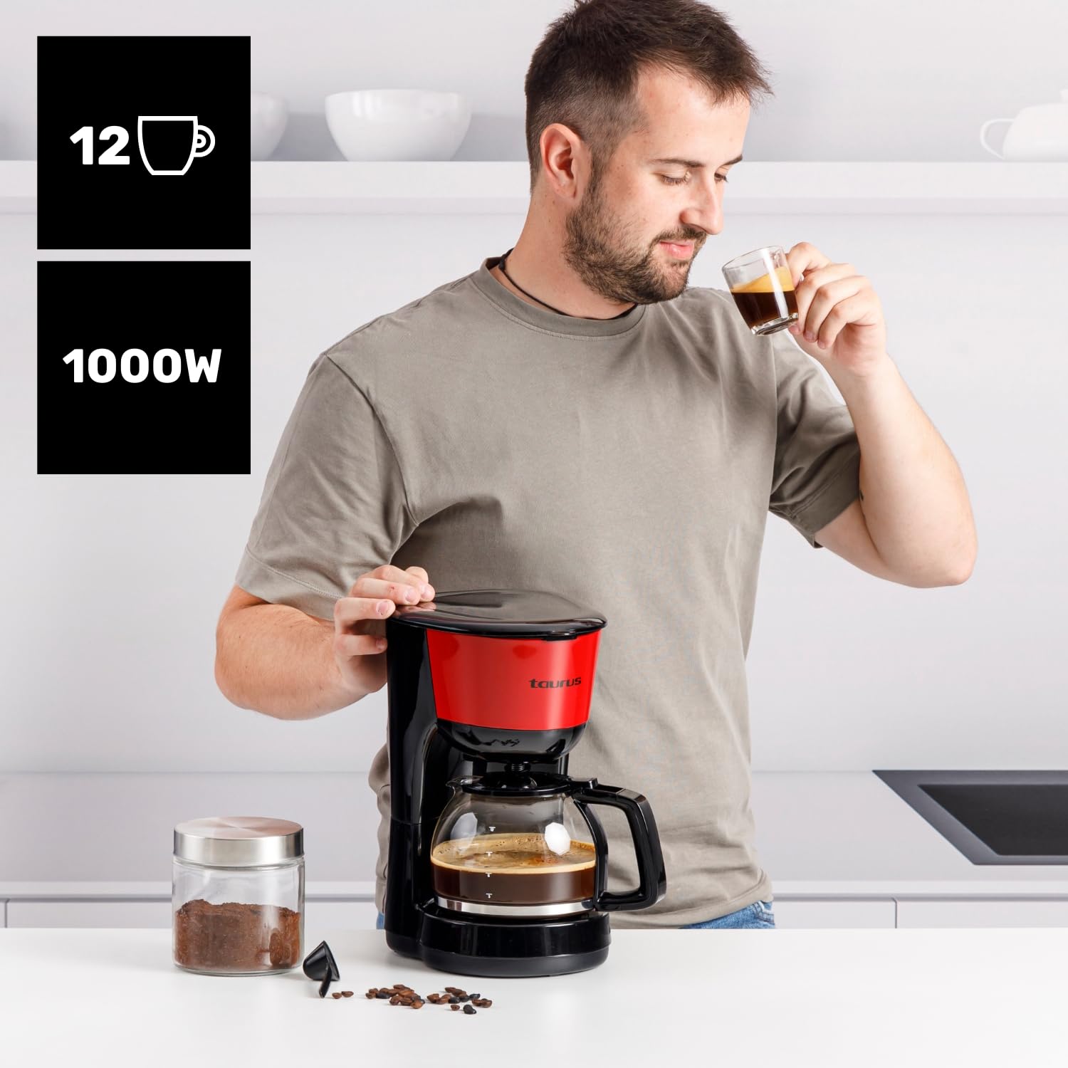 Taurus – Cafetera de Goteo Verona Vintage Red, 12 Tazas, 1000W, Jarra Cristal graduada, Depósito Agua Visible, Filtro Reutilizable, Auto Apagado, Placa calefactora